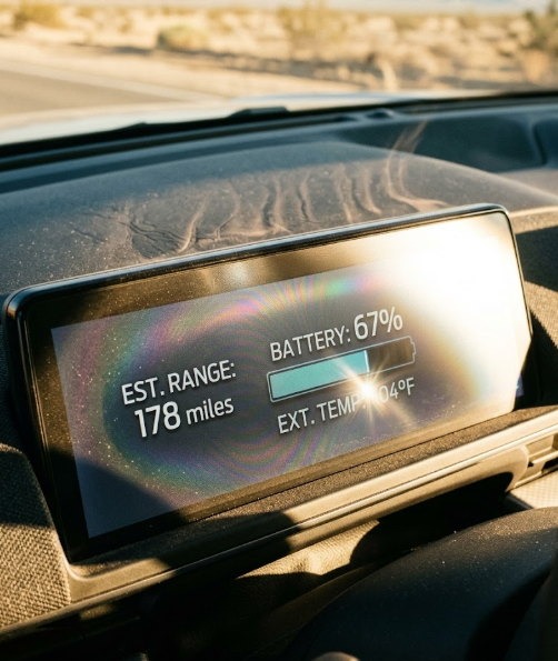 EV dashboard display showing reduced range in high temperature conditions
