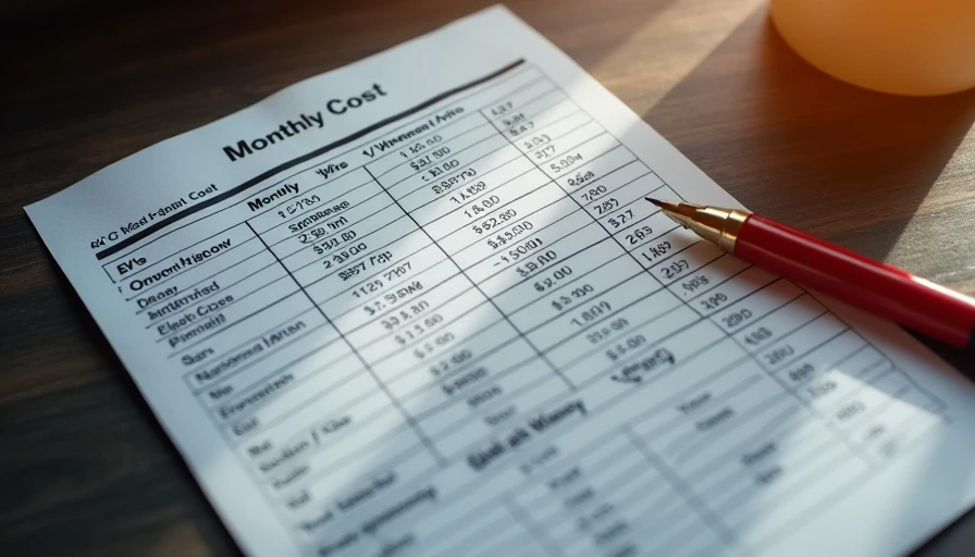 Printed EV vs Hybrid monthly cost comparison spreadsheet with red pen