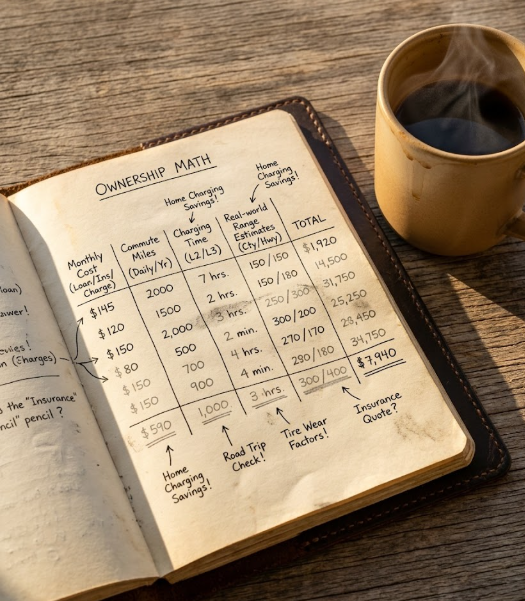 Handwritten ownership math notebook with coffee mug on wooden desk, showing real EV decision calculations