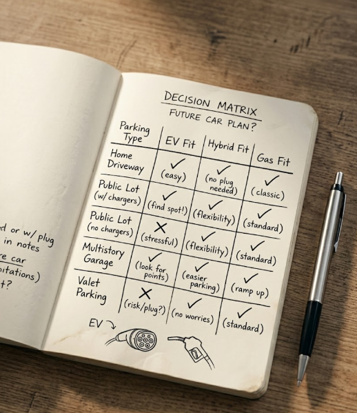 Handwritten parking-based decision matrix for EV, hybrid and gas cars
