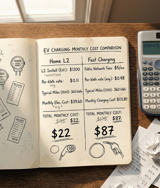 Handwritten notebook comparing home charging vs fast charging monthly costs