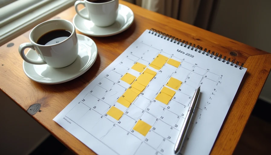 Shared calendar printout with coffee mugs showing couple daily schedules