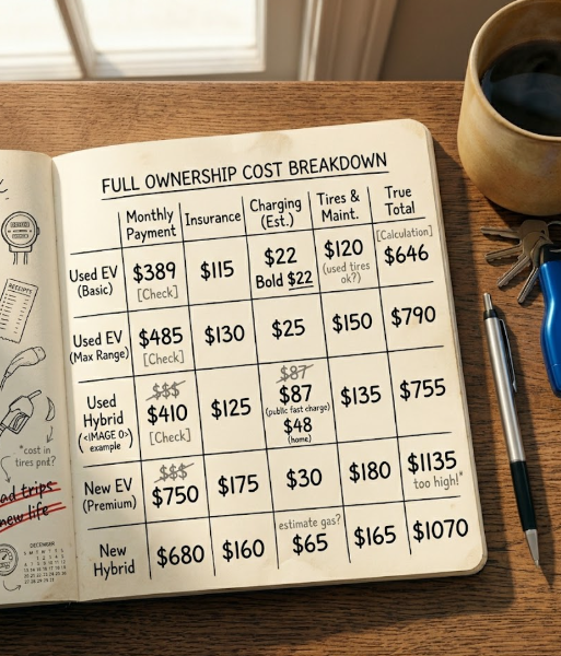 Handwritten notebook showing true EV ownership cost breakdown