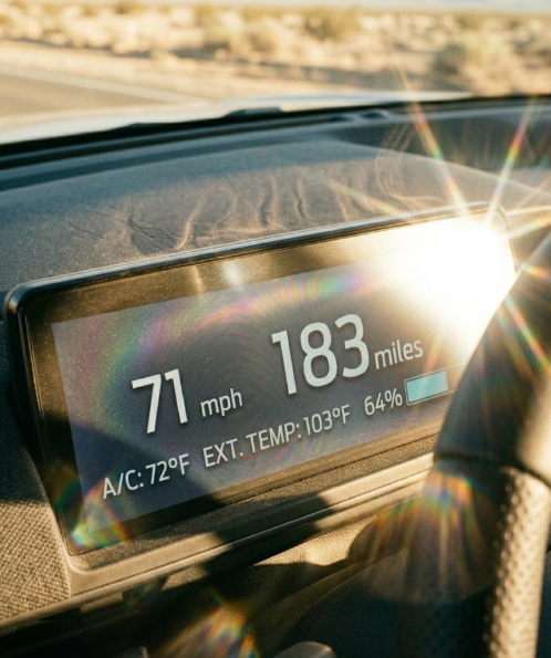 EV dashboard displaying high temperature, speed, and AC usage with range impact