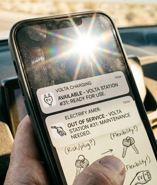 Phone screen showing conflicting EV charging app statuses