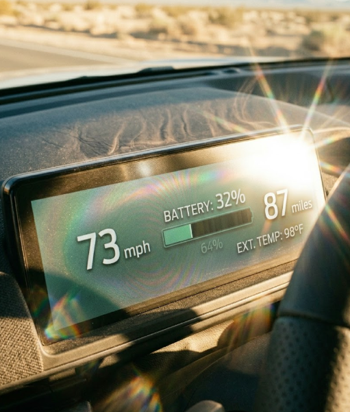 EV dashboard displaying comfortable remaining battery buffer in hot conditions