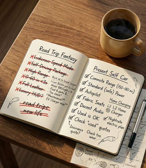 Notebook comparing road trip fantasy vs daily reality EV ownership