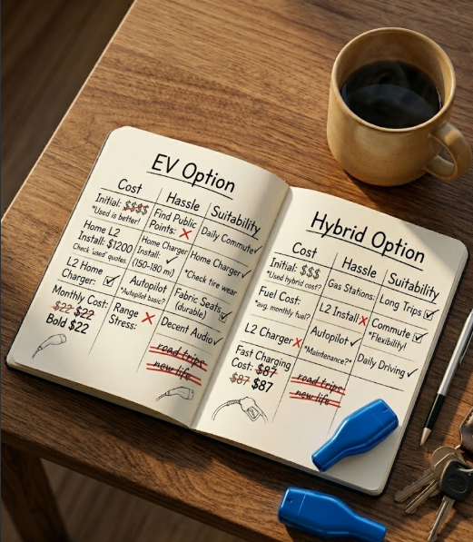 Handwritten notebook comparing EV vs Hybrid ownership factors