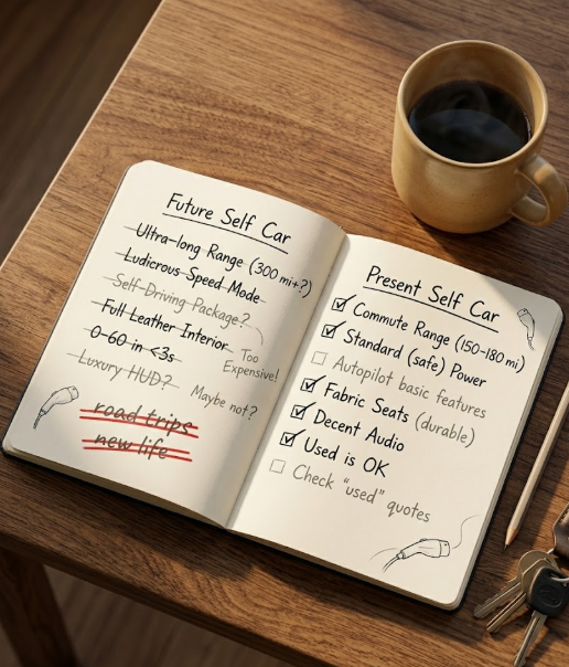 Notebook comparing future self vs present self car buying decisions